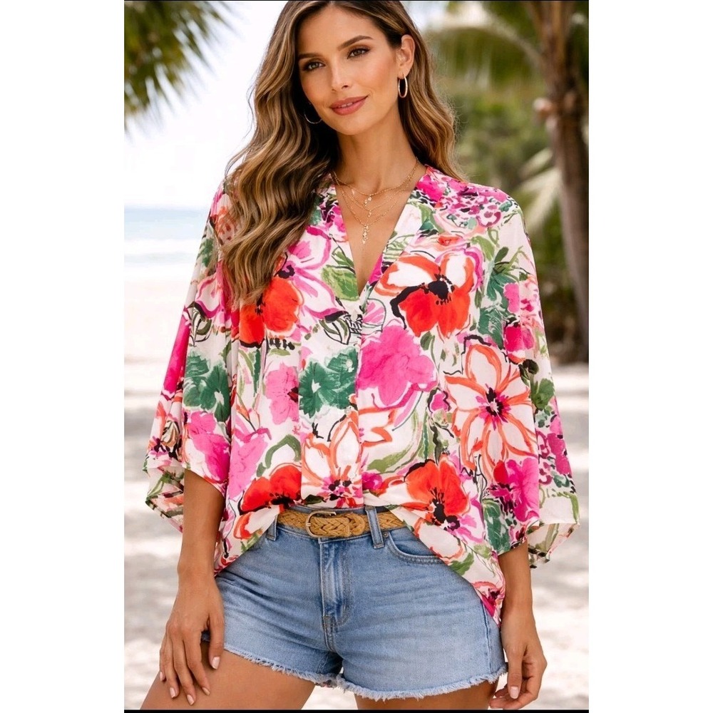 NWOT Entro Satin Kimono Sleeve Floral Button V Neck Blouse Top Womens S/M Resort